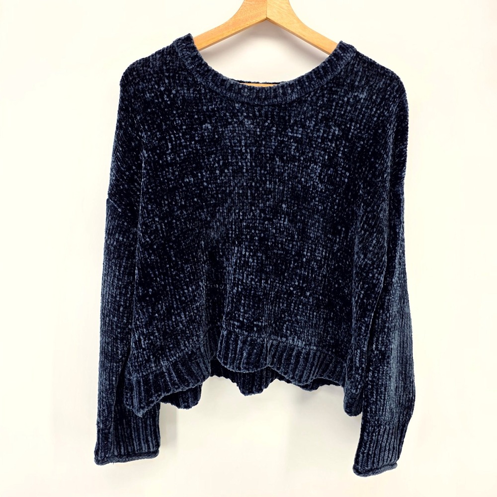 Zara Knit Sweater Womens S Navy Blue Chenille Cropped Scalloped Hem Cozy Plush